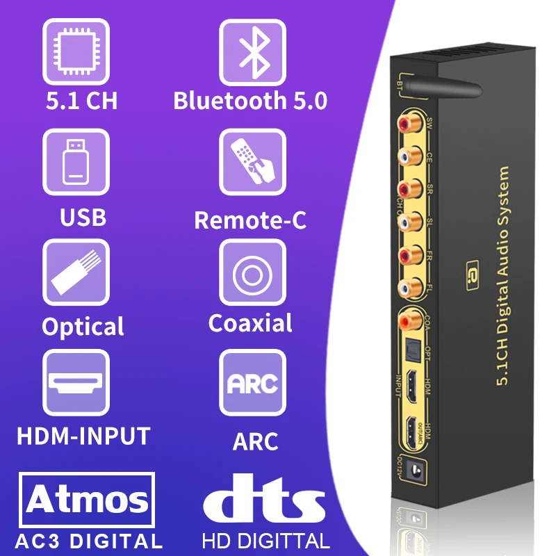 

5.1CH Audio Converter Decoder Bluethooth 5.0 DAC HDMI-compatible ARC for TV SPDIF Coaxial RCA DTSHD AC3 FLAC APE 4K*2K 192khz