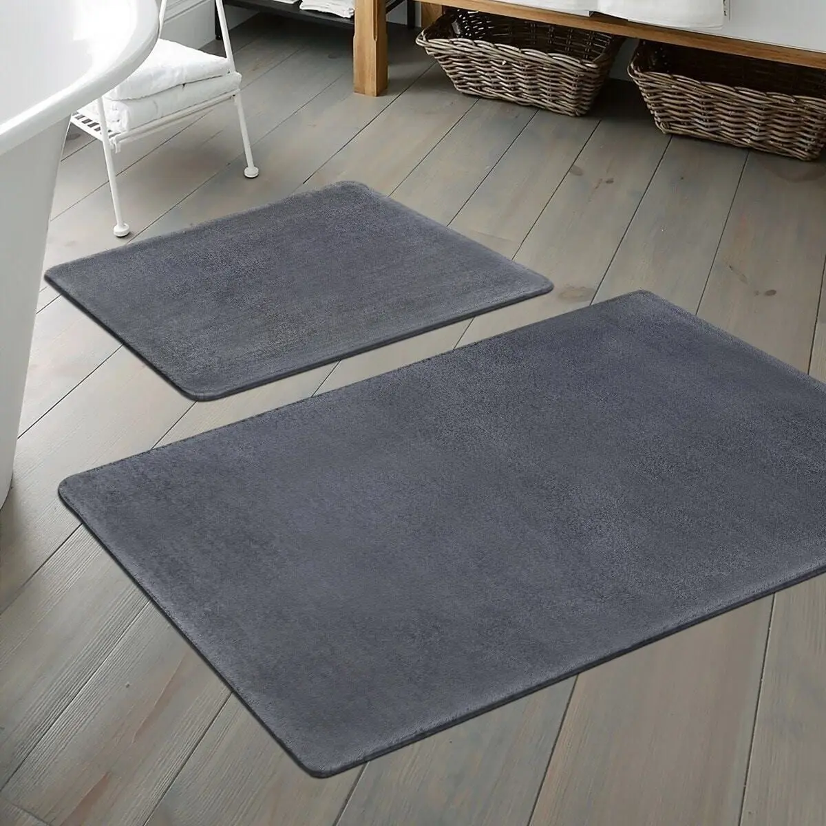 Plush Anthracite Non-Slip Base 2 Pcs Bath Mat Set 50x60 - 100x60 Super Absorbent floor Mat Anti Slip Quick Drying Bathroom Mat