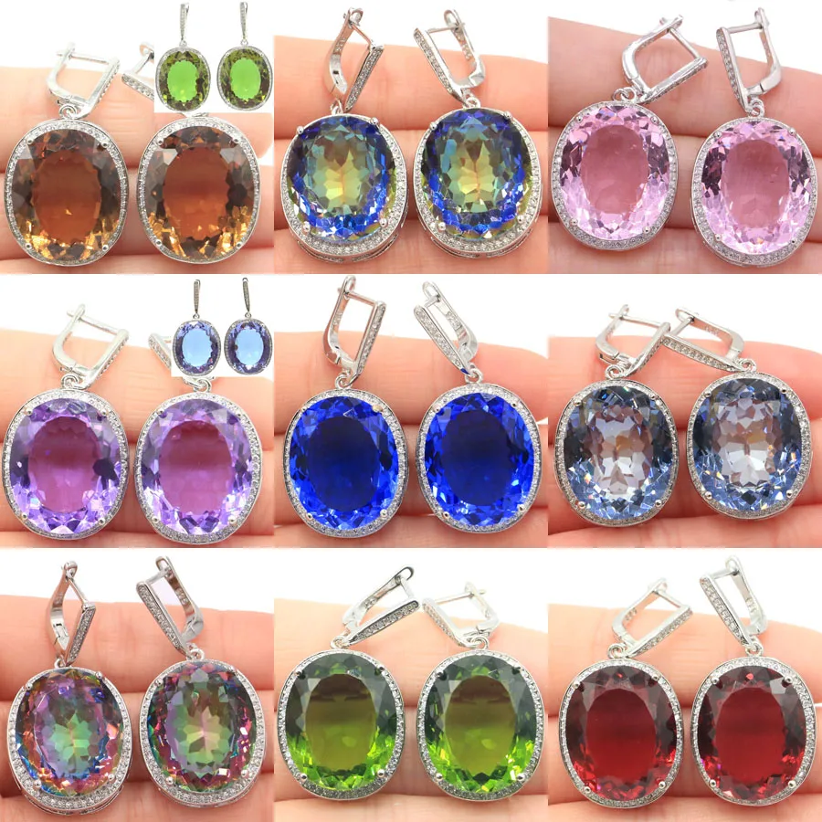 40x21mm Big Oval Jewelry Set 17.5g Color Changing Zultlanile Alexandrite Topaz Silver Earrings Pendant Eye Catching