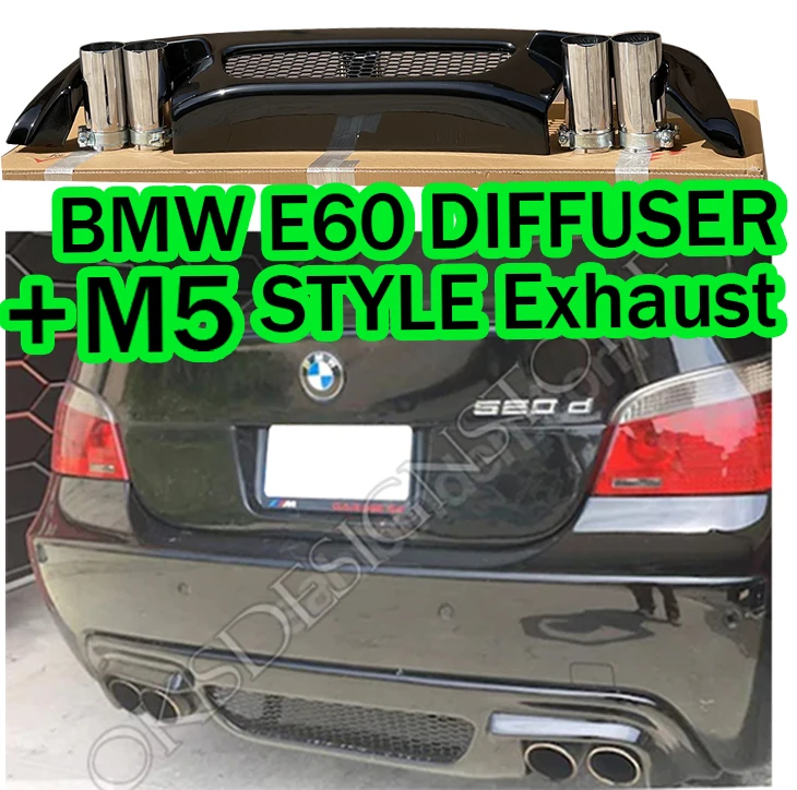 For BMW E60 M 2003 - 2010 TECH Rear Bumper Diffuser ABS Plastic piano Black Rear Diffuser Bumper + M5 STYLE EXHAUST (4 piece )