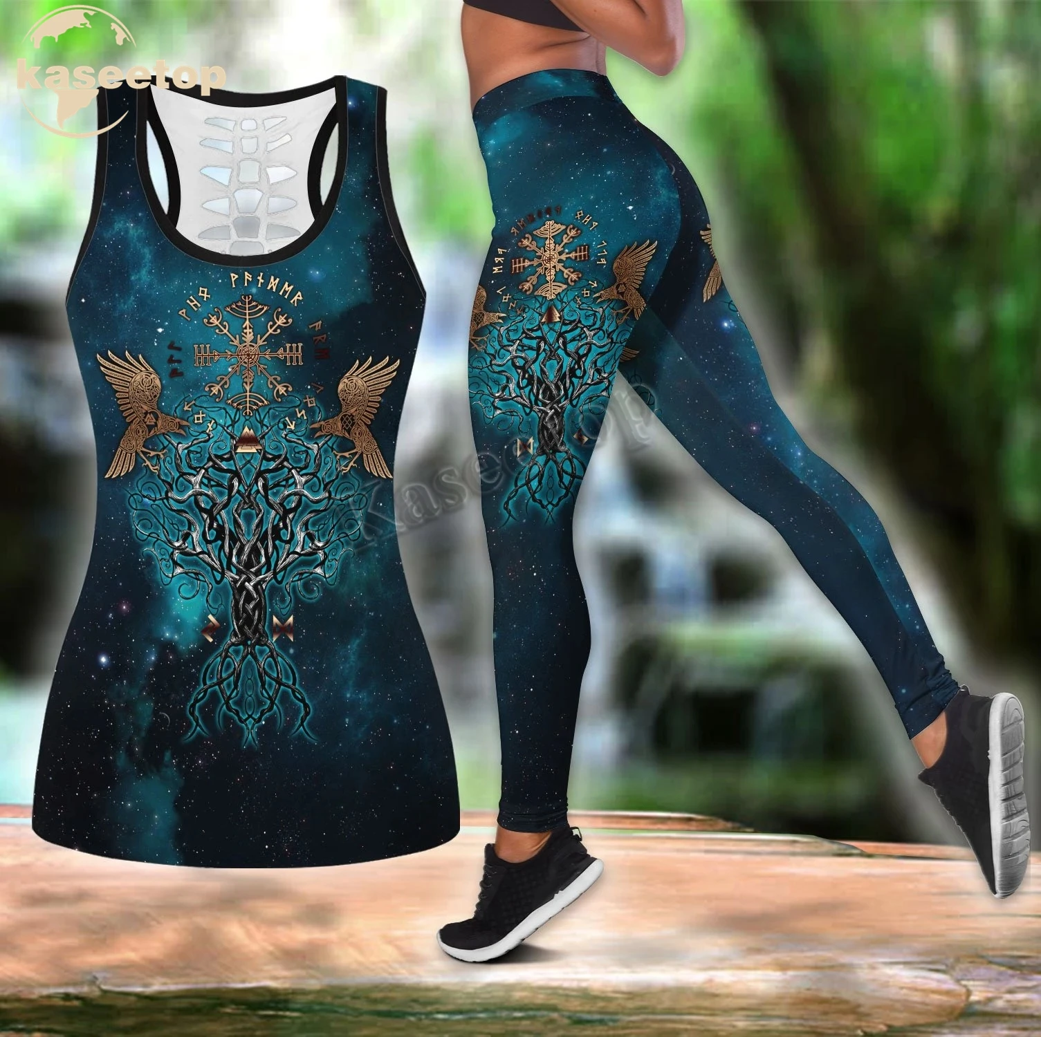 Kaseetop Symbols of Viking New Two Piece Yoga Set Women 3D Print Vest Hollow Out Hollow Tank & Legging Outfit Summer Casual LK82