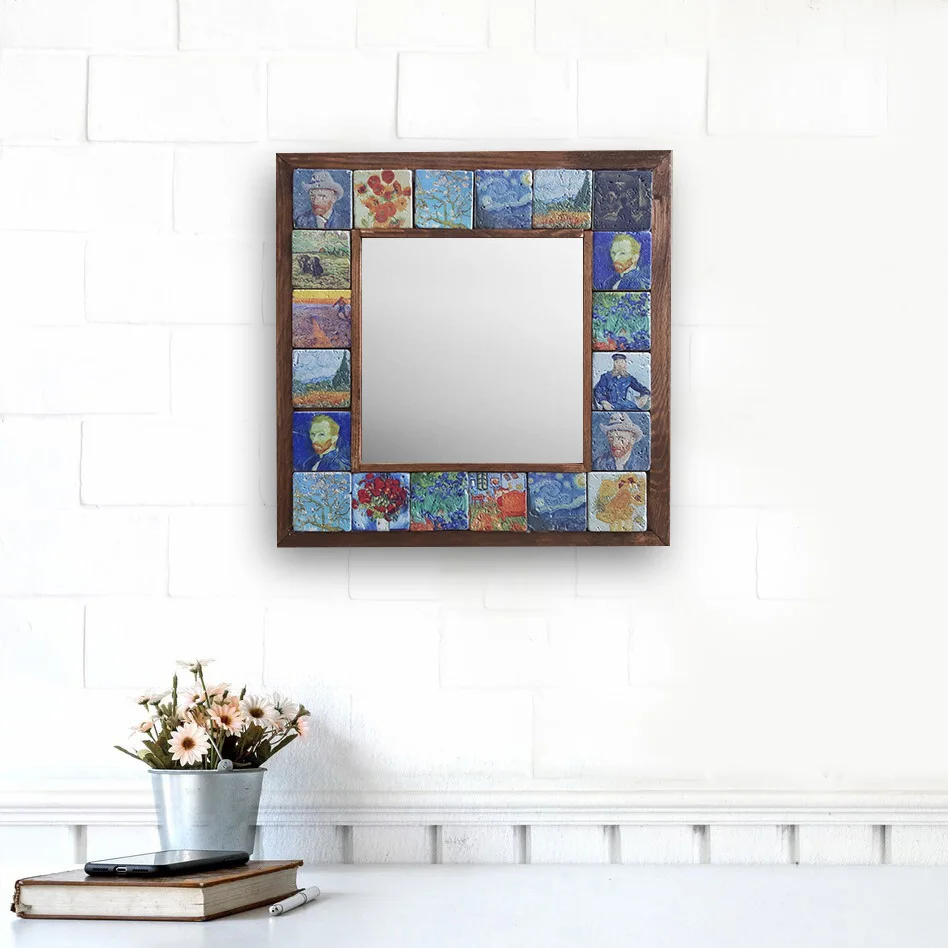 Handmade Wall Mirror Decorative Natural Stone Wooden Framed Art Decor Vintage Mosaic Printed Tile Square Gift Hang 33cmx33cm