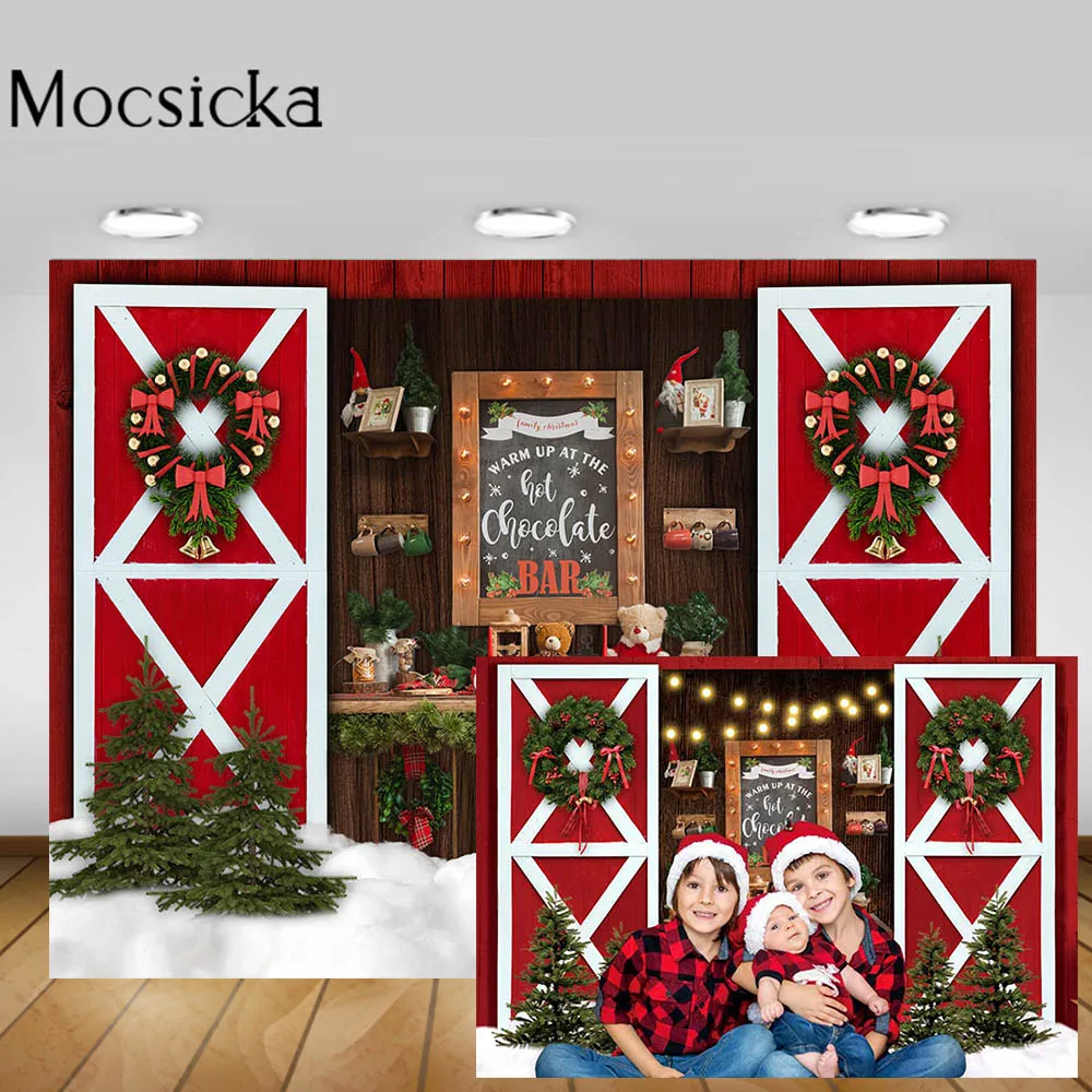 

Mocsicka Christmas Photography Backdrop Red Door Snowfield Tree Xmas Wreath Photocall Background Baby Photo Shoot Studio Props