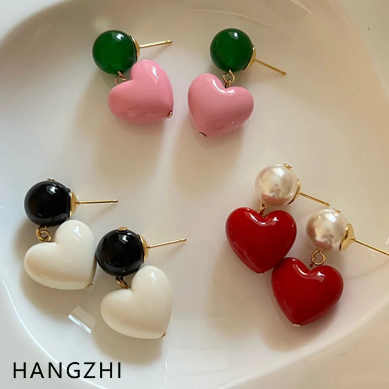 HANGZHI Color Contrast Heart Resin Drop Earrings Sweet Stereoscopic Love Imitation Pearl Women Korean 2022 New Dangle Earrings