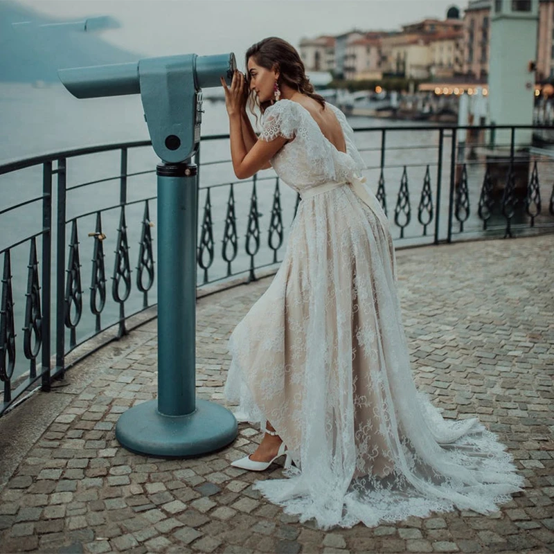 Vestido De novia De encaje De estilo bohemio, prenda De vestir De princesa con la espalda al aire, Mangas De casquillo, color champán, para playa