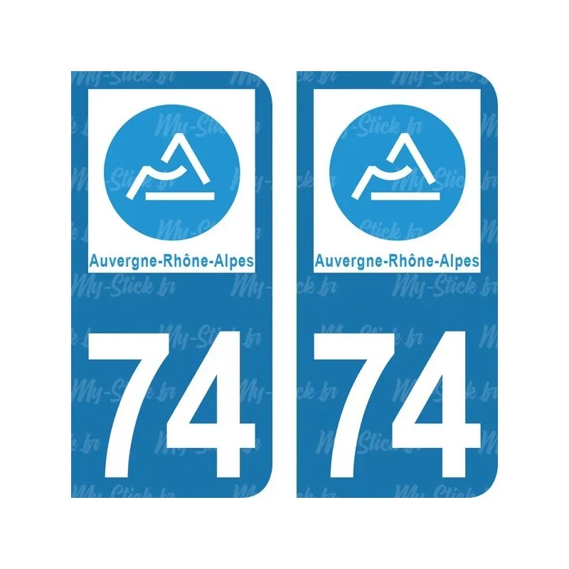 Registration plate sticker Department 74 of Haute-Savoie Auvergne-Rhône-Alpes for car in blue or black background