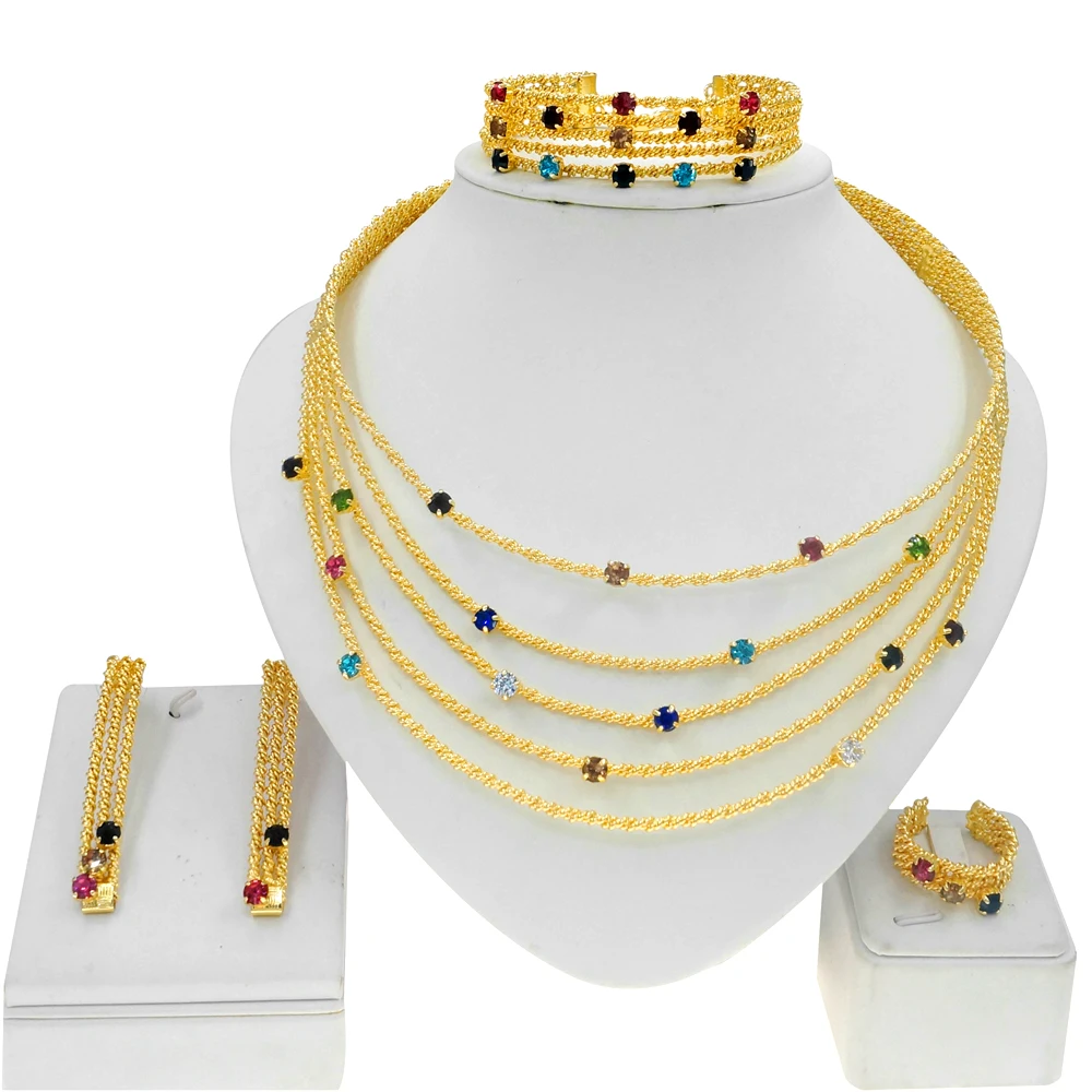 Women\'s Jewelry Set Brazilian Gold Color Necklace Colorful Artificial Stone Bracelet Earrings Hollow Design Gift Banquet Jewelry