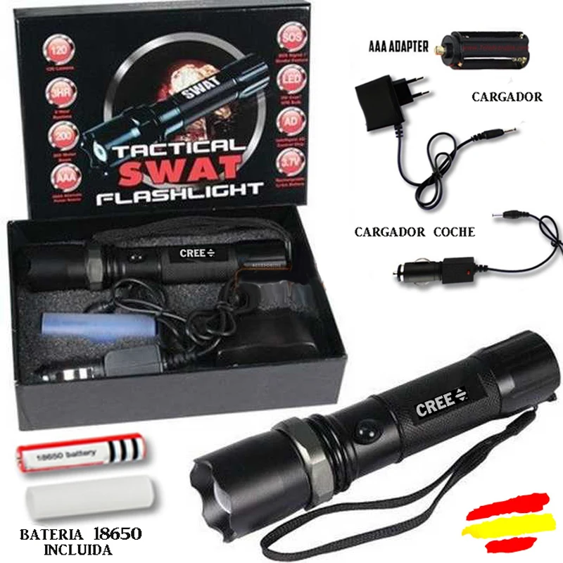 Tactical Flashlight 5000 Lm CREE LED SWAT battery 18650 mAh charger 3,7V ZOOM charging car home rechargeable battery or batteries + box