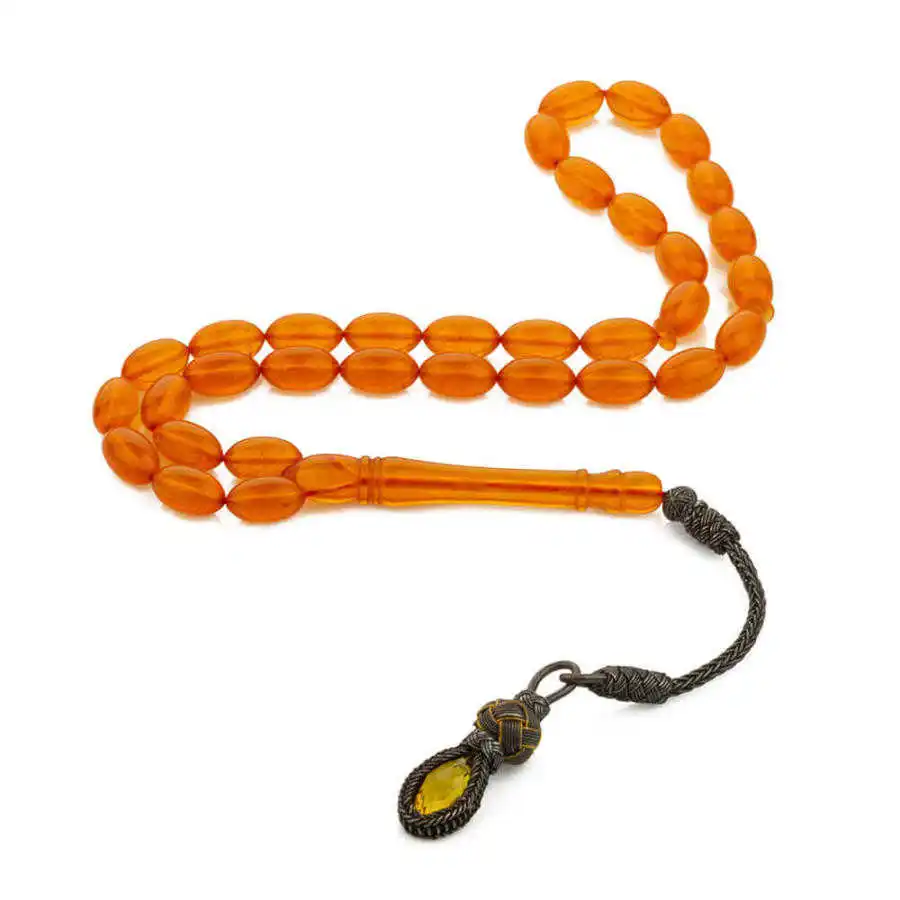 Barley Cut Orange Bakalite Rosary with 925 Sterling Silver Tassel Stylish Design That Provides Long-term Good Quality