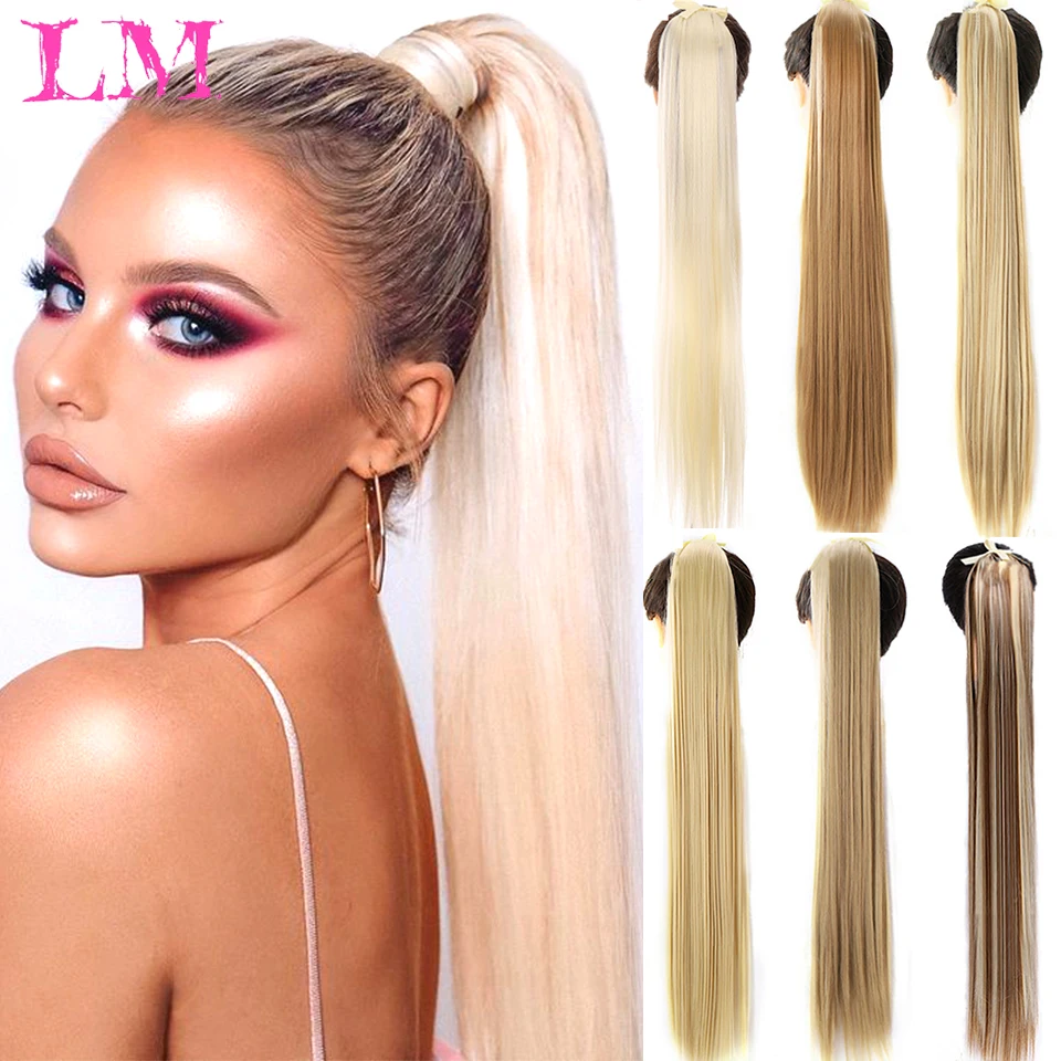 LM 30-Inch Synthetic Hair Fiber Heat-Resistant Straight Hair With Ponytail Fake Hair Chip-in Hair Extensions Pony Tail Wig