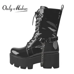 Onlymaker Women Platform Round Toe Patent Leather Metal Chain Ankle Booties Chunky High Heel Lace Up Buckle Zipper Big Size