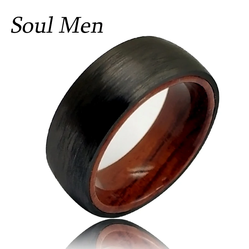 Men\'s 8mm Domed Pure Carbon Fiber Rings Solid Hawaiian KOA Wood Sleeve Wedding Band Comfort Fit