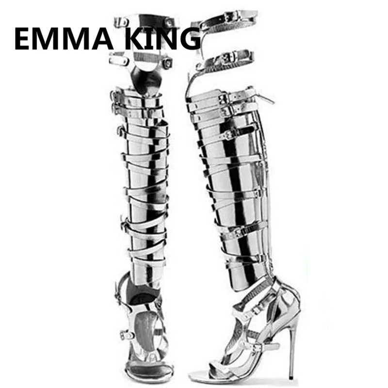 Sexy Sirror Silver Buckle Gladiator Over The Knee High Sandals Women Summer Boots Open Toe Cutout High Heels Shoes Woman Sandals