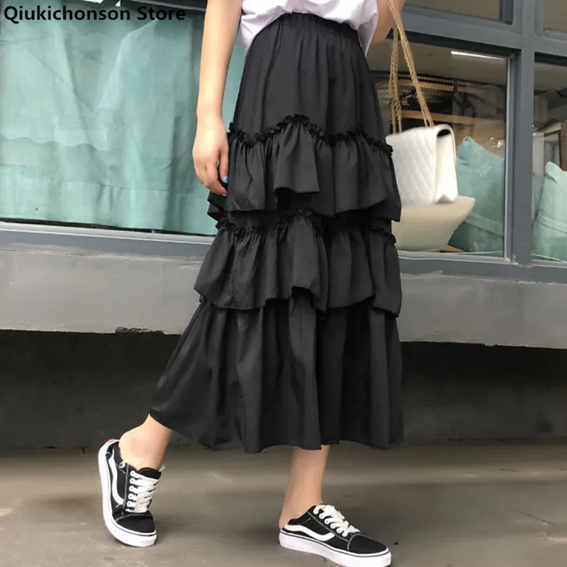 Qiukichonson White Black Midi Long Skirts Womens Pleated Skirt 2022 Summer Korean Casual High Waisted Ruched Ruffles Skirts rok