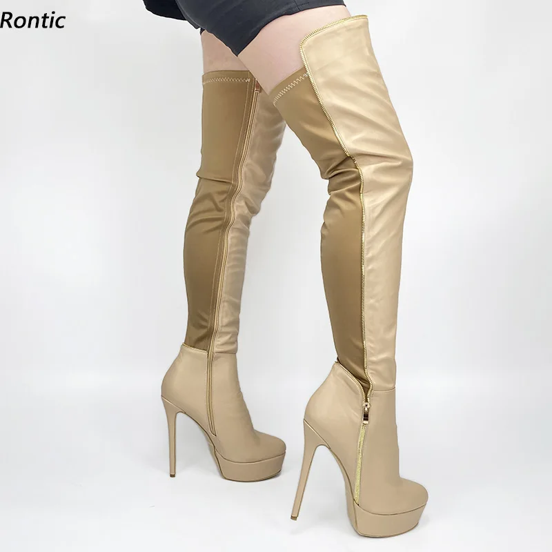 

Rontic New Handmade Women Winter Thigh Boots Platform Side Zipper Sexy Stiletto Heels Round Toe Apricot Party Shoes US Size 5-20