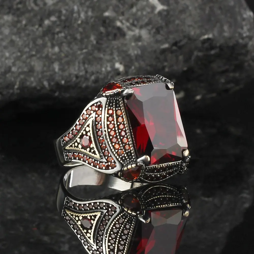 

MEN 'S 925 Sterling Silver Ring Red Zircon Stone, Gift Item, Special Design Handmade Made in Turkey