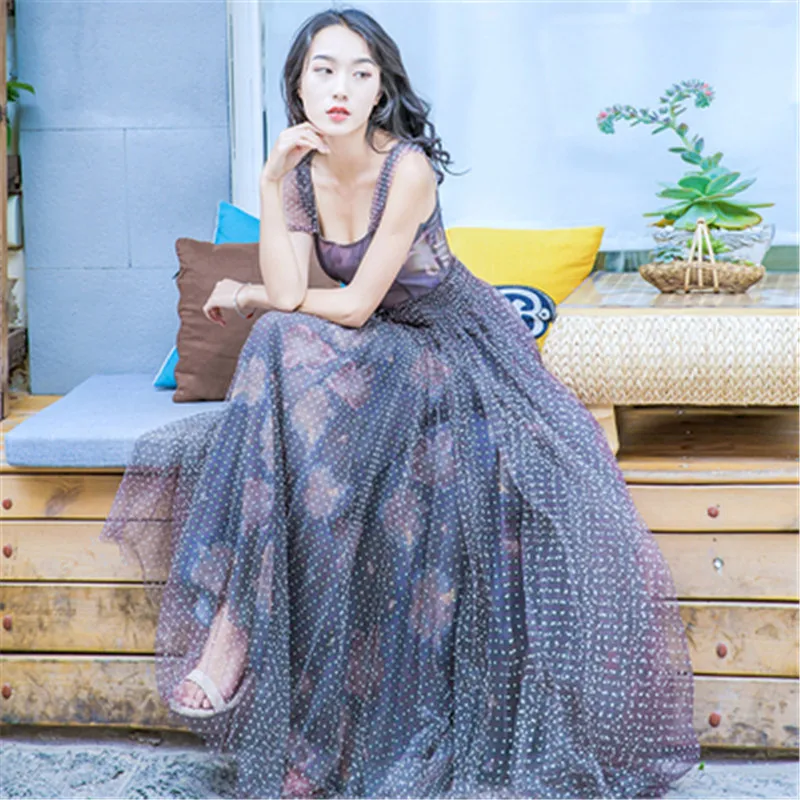 Real shot Korean summer new sling fashion popular wave dot printing mesh splicing big swing dress holiday fairy long dress