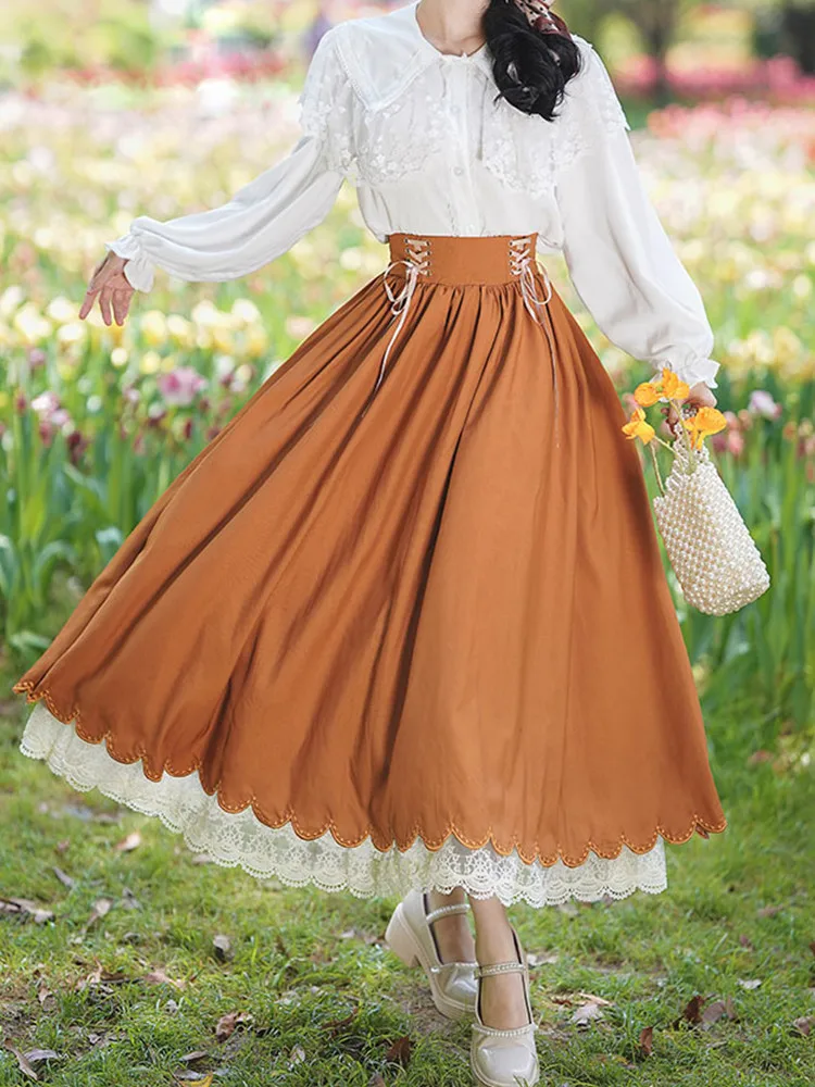 

Qiukichoson 2022 Spring Summer Lace Splice Women Long Skirt Teen Girls Lolita Style Vintage Lace-Up High Waist A-Line Skirts