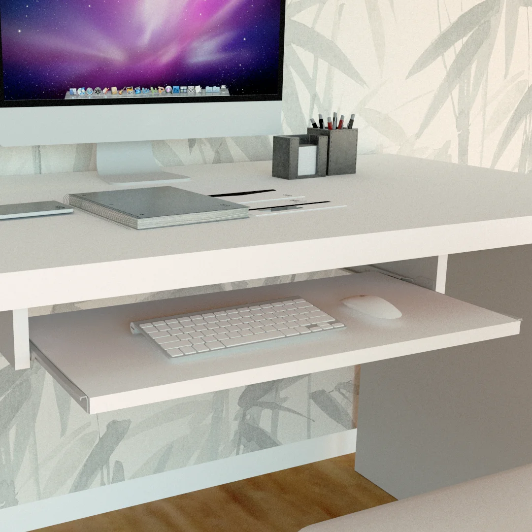 Henor, portable removable wooden tray 55/68/70x31x11/9 Cm under desk under table. White and graphite