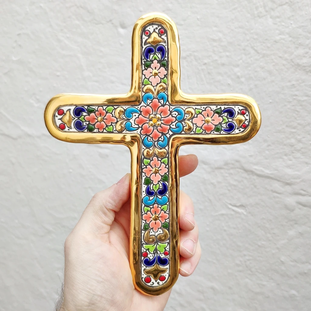 Ceramic cross 21cm (8,3 in)-24k gold-hand glazed ceramic-made in Andalusia-Spain-Sevilla-CERAMICFROMSPAIN-