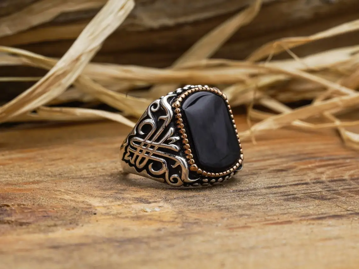 Genuine 925 Sterling Silver Turkish Ring for Men Natural Black Onyx Mens Ring Cool Punk Male Rings Fashion Jewelry Gift