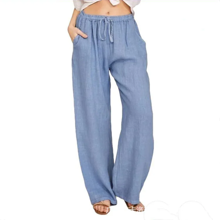 2021 Women Pants Fashion Linen Cotton Solid Elastic Waist Trousers Female Plus Size Ankle-length Trousers Summer Casual Pants