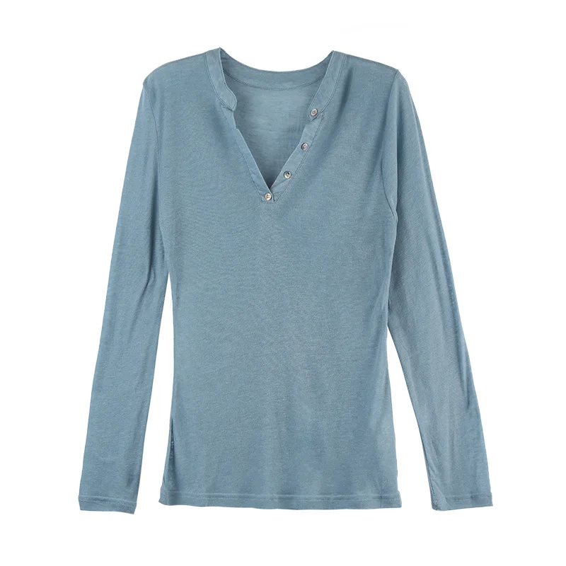 Women Henley Collar Shirt V Neck Lyocell Wool Blended Spring Summer Tops S