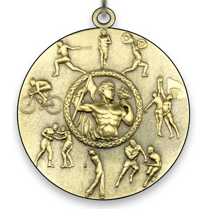 Large Metal All Sports Medal - Male - Gold - 6,4 cm - with Neck Ribbon size 2,2cm x 80 cm - Choice of Ribbon Colours.