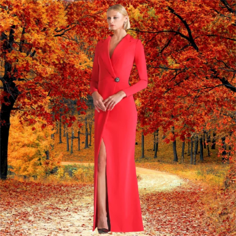 Red Long Sleeve Evening Dress Sheath Ankle-Length Formal Dress Women's Prom Dresses Sexy Gowns With Covered Button