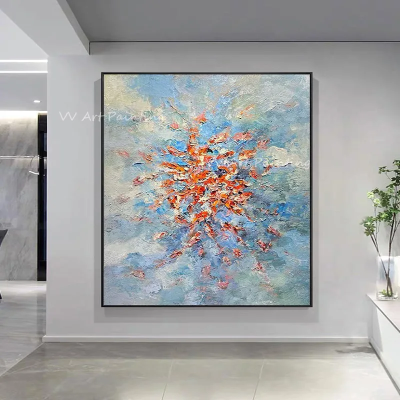 100% Handmade Impasto Abstract Canvas Art, Square Blue Orange Texture Painting, Thick Brushstroke Large Home Wall Decor Gift