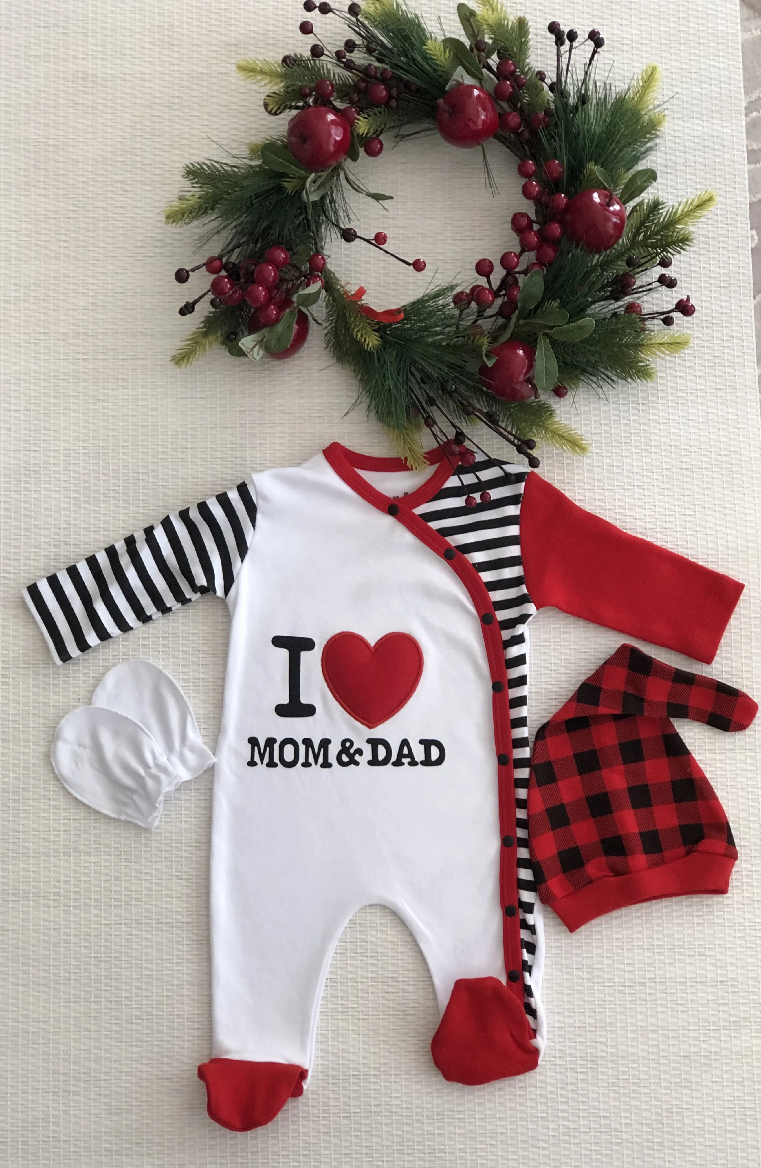 

2021 Winter Red Christmas Baby Set Body Suit Cotton New Born Girl Boy Shower Gift İdeas Long Sleeve Hat Glove 3-6 Months HotSale