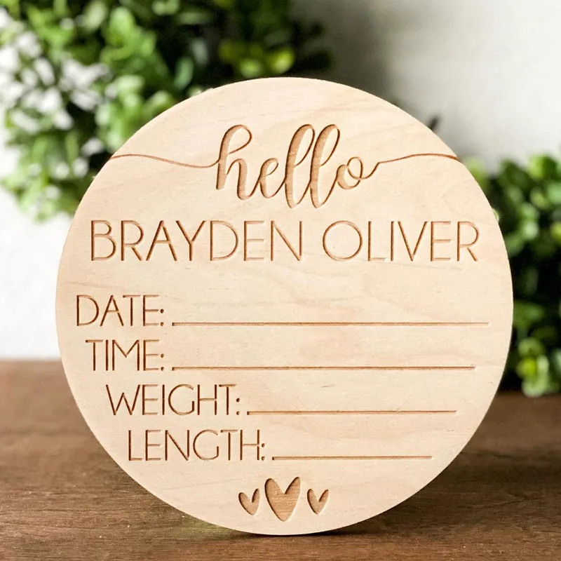 

Wooden round Baby Name Sign, Engraved Newborn Stats, Hello World Hospital Welcome birth Announcement Plaque, New Baby Photo Prop