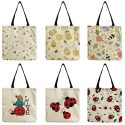 Cartoon Animal Bee Insect Printed Women Shoulder Bag Fashion Eco Friendly Shopping Tote Outdoor High Capacity Portable Handbags