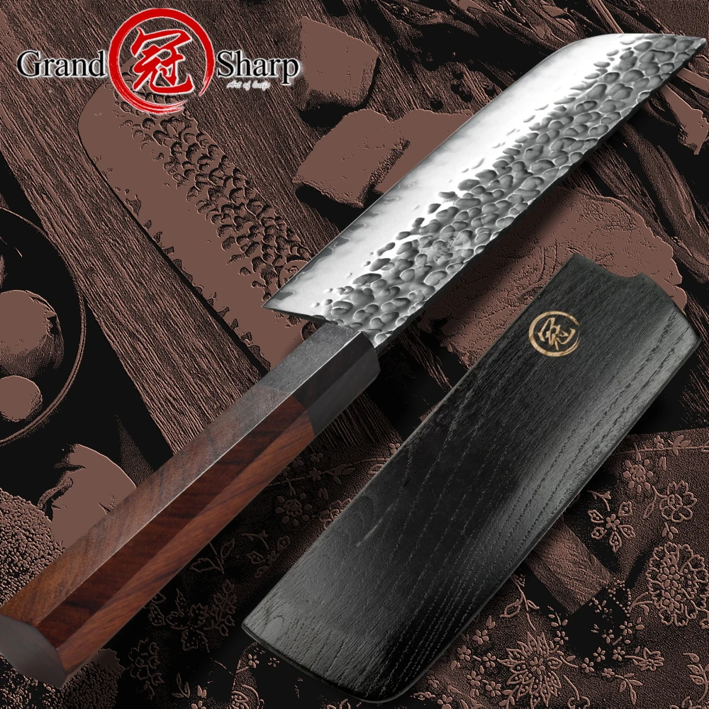 Grandsharp 6.7 Inch Nakiri Knife Hand Forged Kitchen Knives Japanese AUS10 3-Layer Steel Wood Handle Chef Knife Kuro-uchi Finish