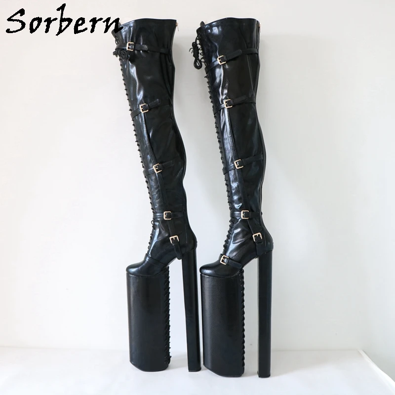 Sorbern 40cm Red Snake Crotch Thigh High Boots Women Buckle Straps Flock Winter Boots Super Long Block Chunky High Heels Custom