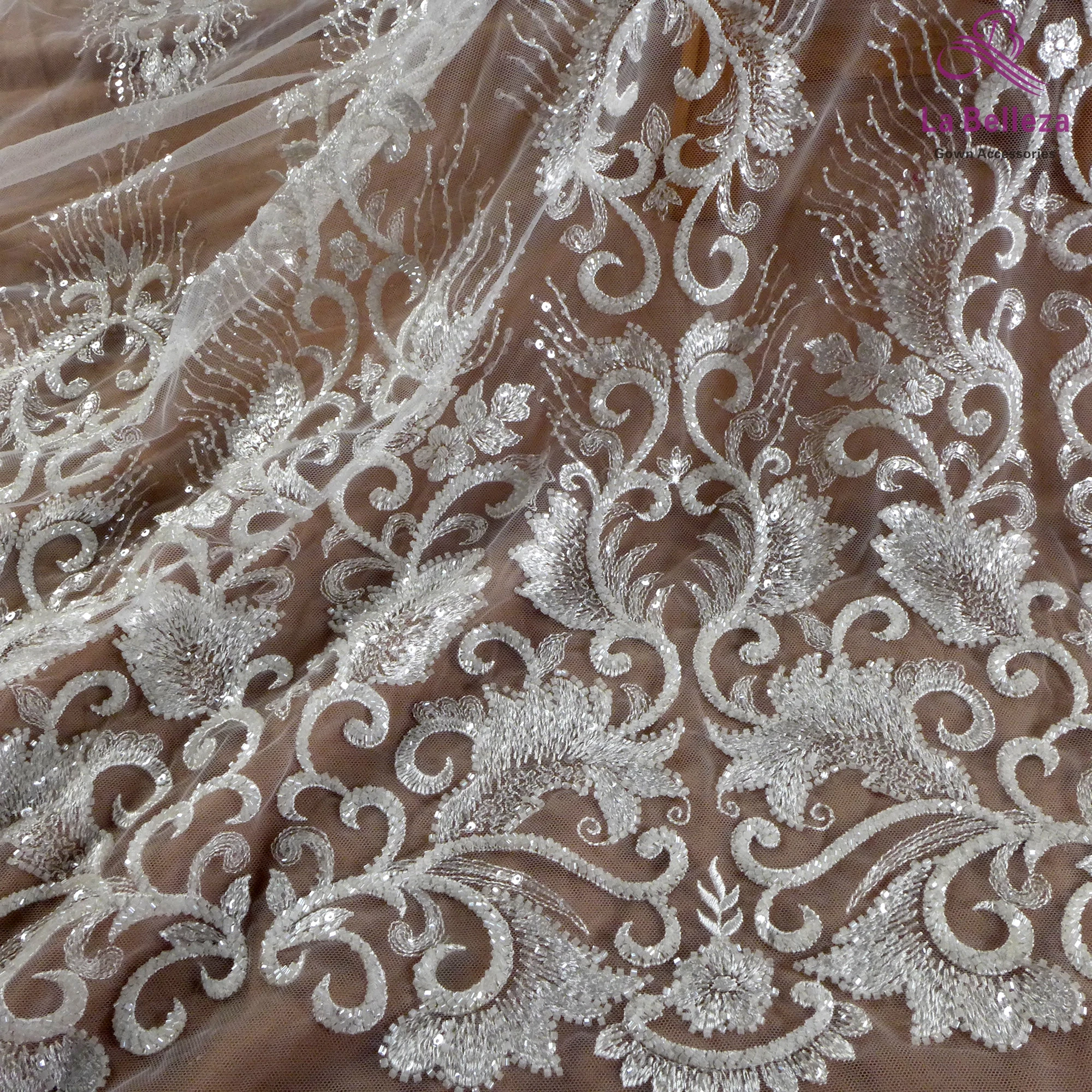 Lace fabric pattern White Embroidery beaded through bright piece wedding dress high-grade sewing fabric 1 yard