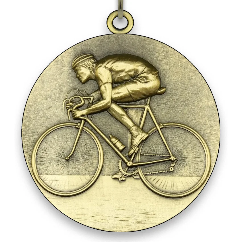 Large Metal Cycling Medal - Gold - 6,4 cm - with Neck Ribbon size 2,2cm x 80 cm -  Choice of Ribbon Colours.