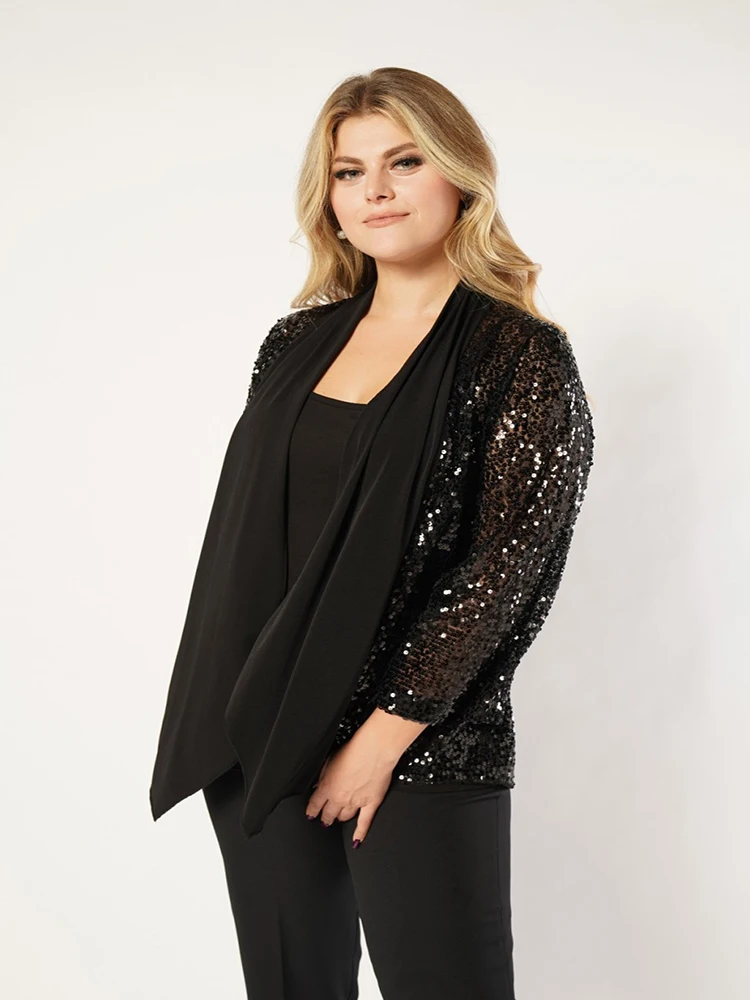 

Sequin Decorated Shawl Collar Chiffon Fabric Black Color Thin Plus Size Jackets For Women 4xl 5xl 6xl 2022 New Fashion Outwear