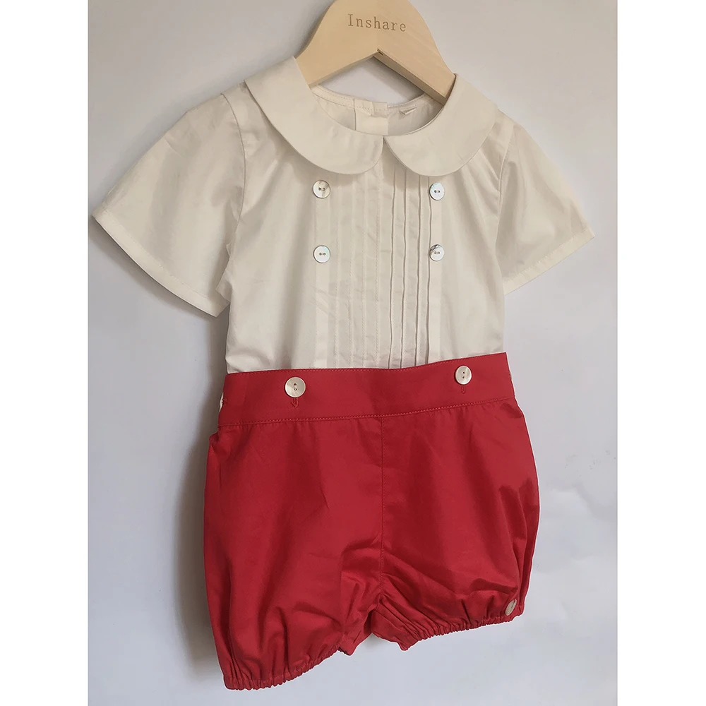 Children Boutique Clothing Spanish Children's Clothing Boys Girls Short Sleeve Cotton Set Tucker Pleated Red 1-year-old Unisex