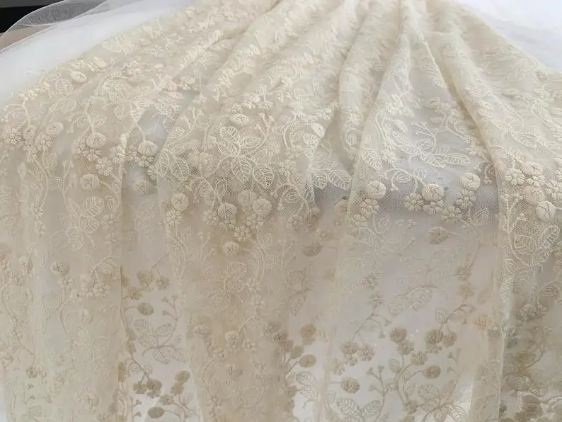 Ivory Embroidered Tulle Lace Fabric With Elegant Florals Beige Mesh Lace Fabric Retro Style Wedding Table Cloth