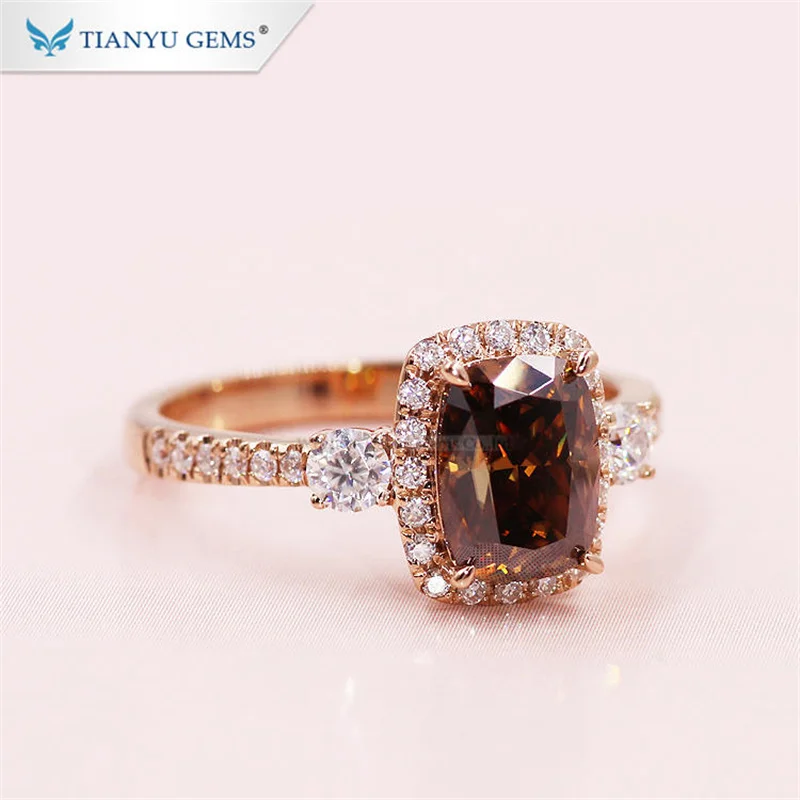 Tianyu Gems 6x8mm Elongated Cushion Champagne Halo Rings 14k 18k Rose Gold Moissanite DEF Diamonds Women Wedding Engagement Ring