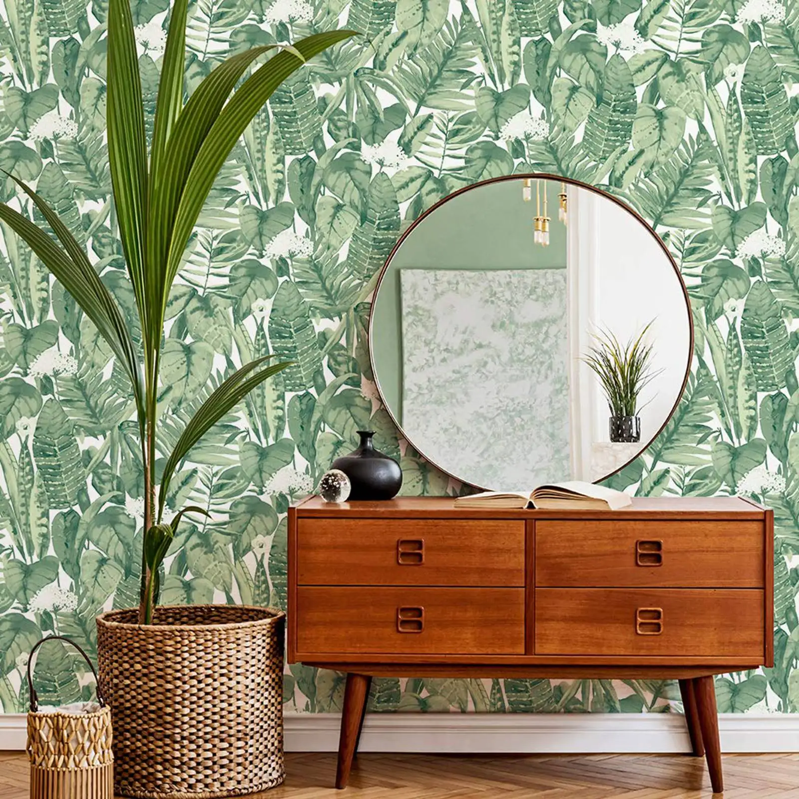 Hand drawn boho spring watercolor tropical jungle wallpaper for living room bedroom TR06240002