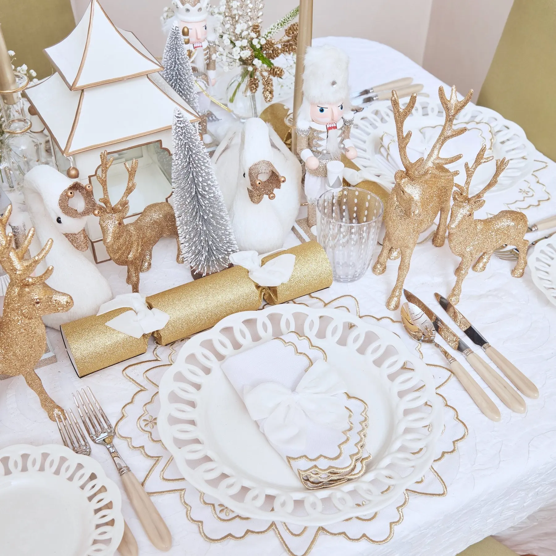 

Gold-Silver Snowflake Linen Placemats+Napkins (SET OF 6-12) Decoration Noel mariage wedding boho luxury home decor party table