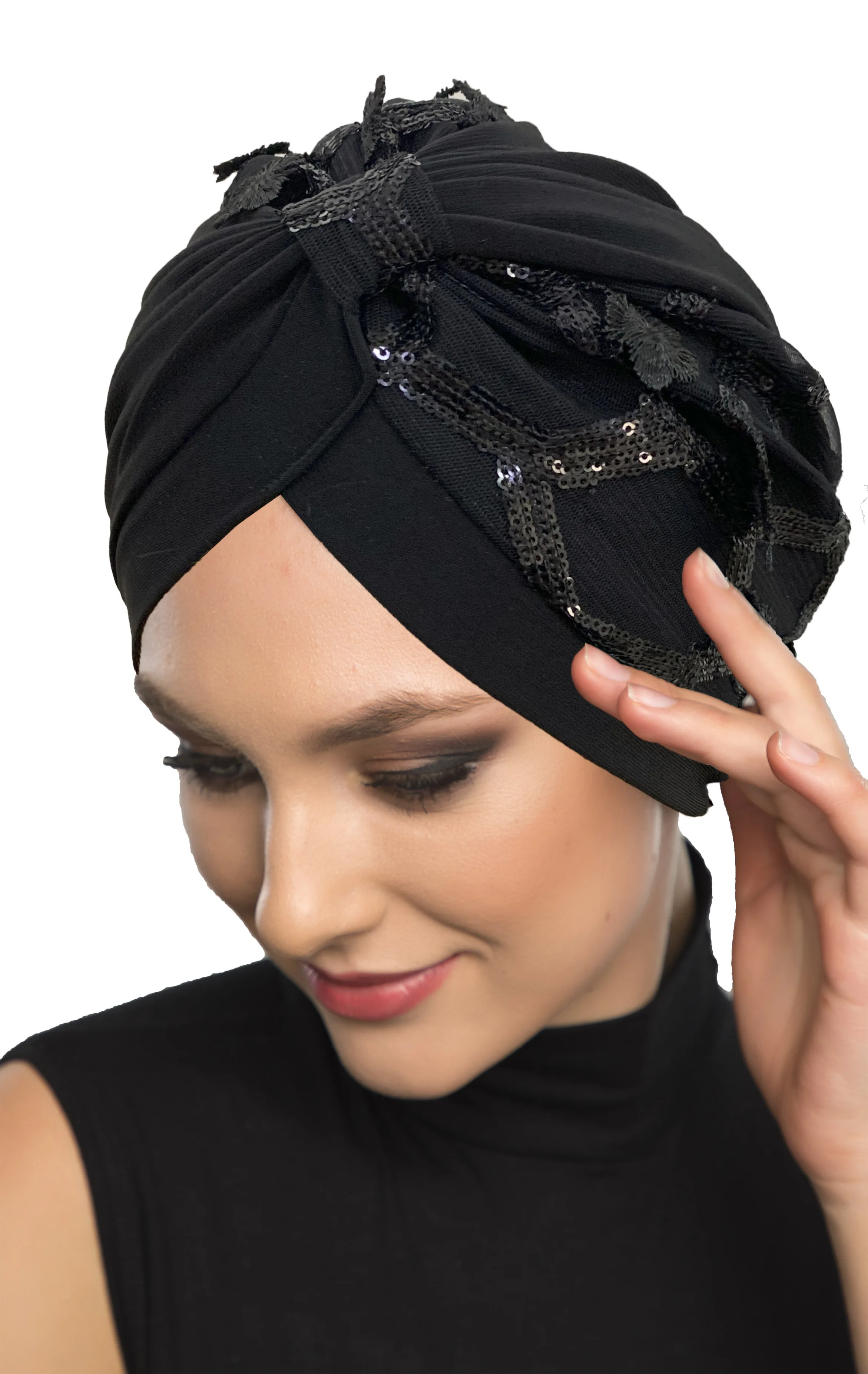 

2022 New Fashion Sequin-Lace Covered Pendent Floral On Black Ready Made Turban Hijab Bonnet Scarf Cancer Cap Special Women Product Beret Muslim Liner Chemo All Season Rib Lame Pearl Bead Custom Design