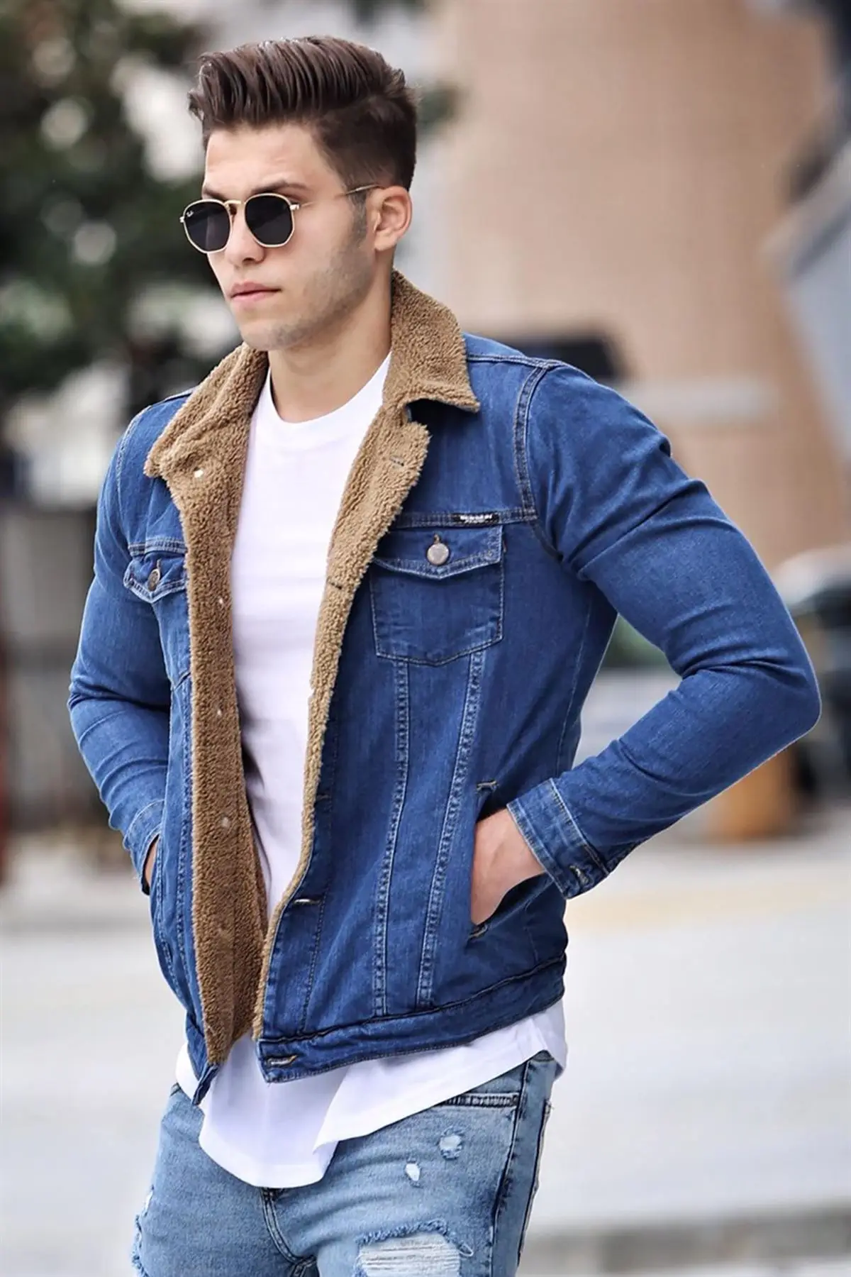 Men's Furry Blue Denim Streetwear 2021 Autumn Winter Season Bomber Young Style Chest Pocket Button Closure Thick Slim Fit Hot