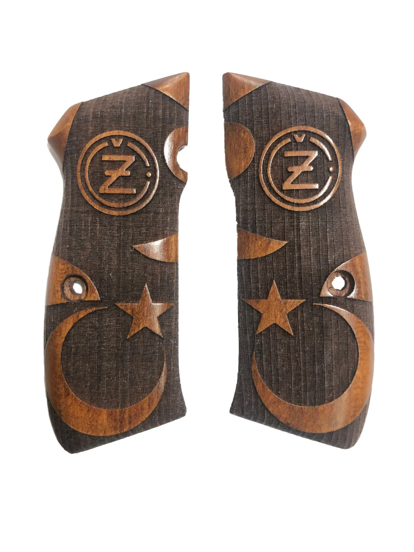 

CZ75 Logo the Moon the stars Pattern Laser Cut Dark Wooden Grip