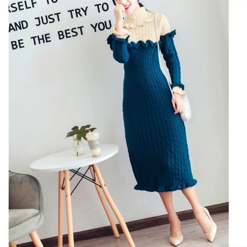 

Sweater Slim Dress 2020 Autumn Winter New Retro Elegant Large Lapel Collar Color Matching Thin Temperament Long Sleeve Dress