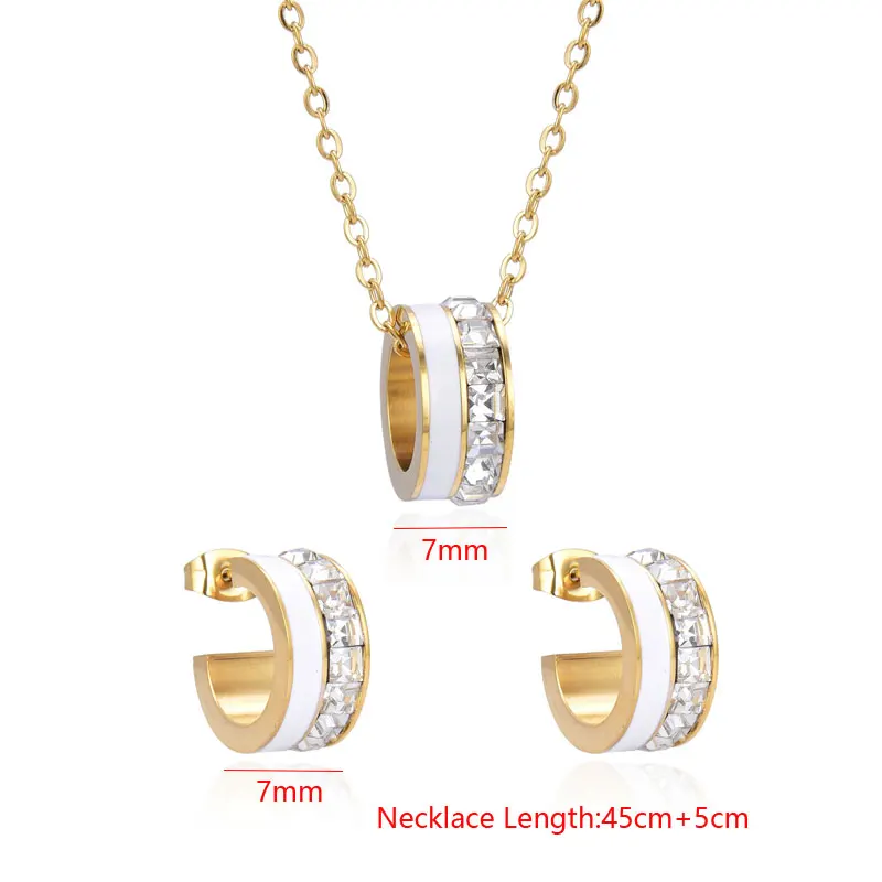 FYSARA Luxury Shiny Crystal Ceramic Stud Earrings Woman Elegant Stainless Steel Gold Colour Black And White Earring Necklace Set