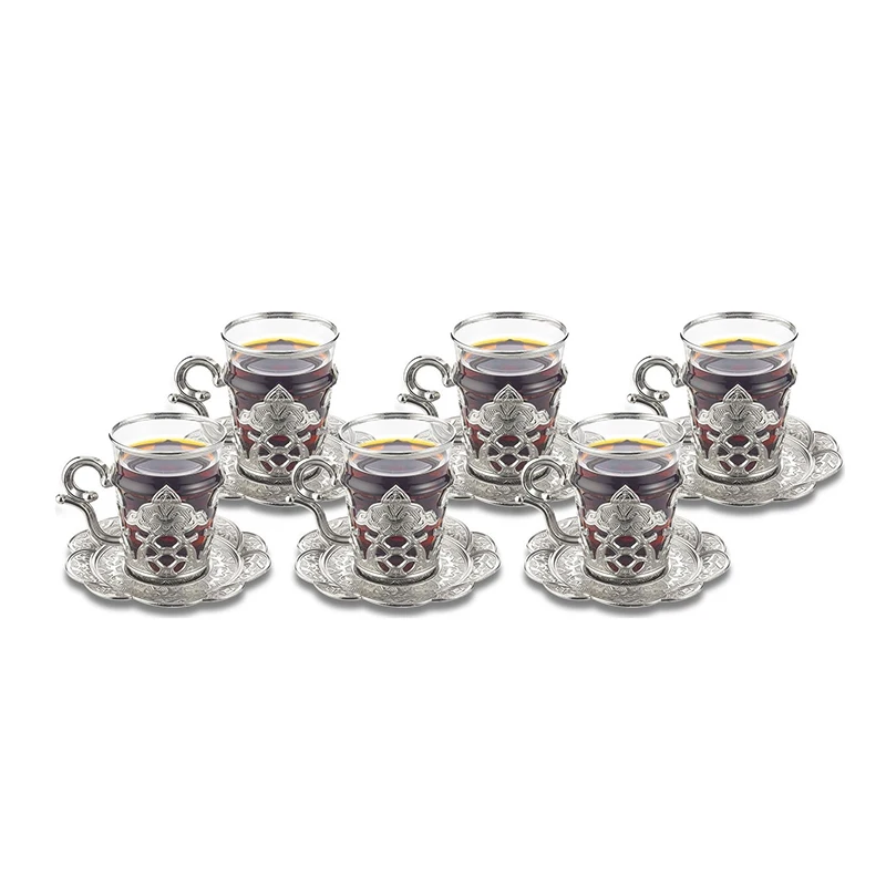 Set Of 6 Tea Glasses with Cup Holders and Cup Saucers Gold Silver Arabic Turkish Greek Tea Authentic New Home Wedding Gift