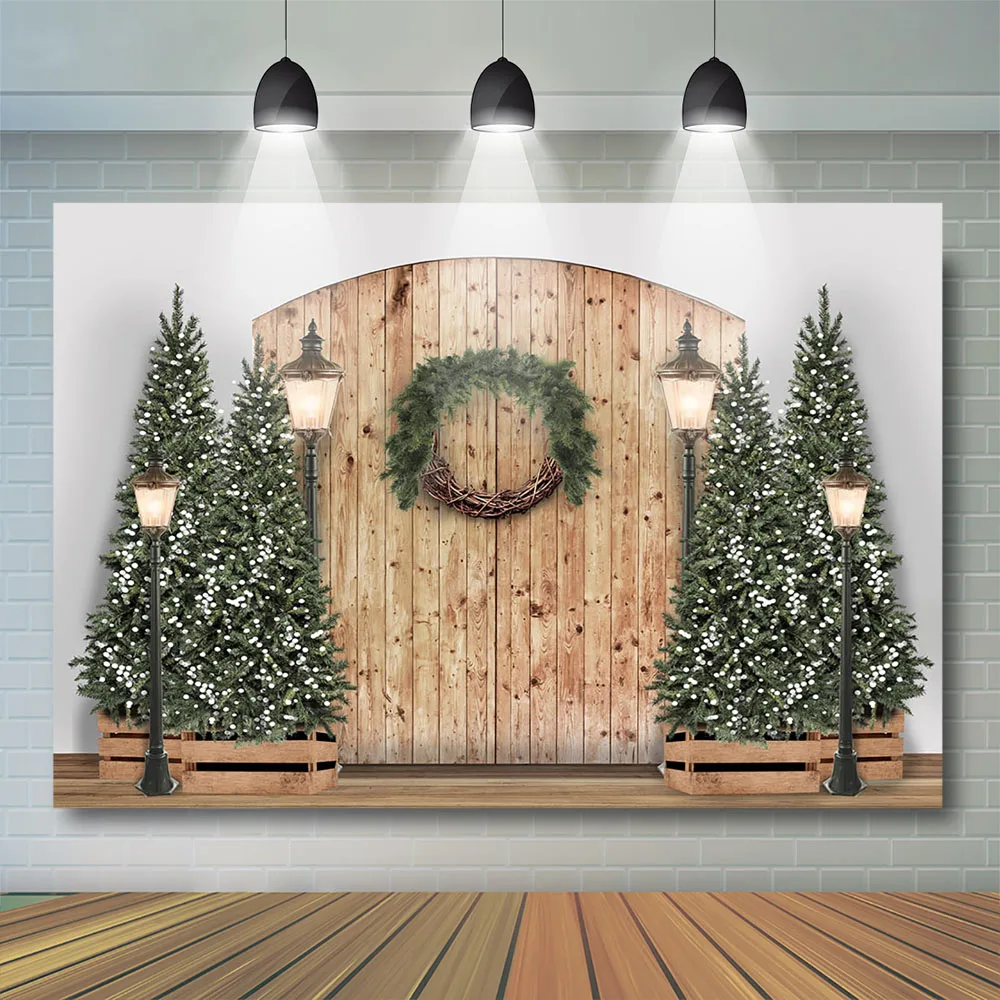 Giáng Sinh Gỗ Phông Nền Trẻ Chụp Ảnh Mùa Đông Tuyết Đường Nền Lễ Hội Trang Trí Cho Bé Chân Dung Vòng Hoa Photostudio